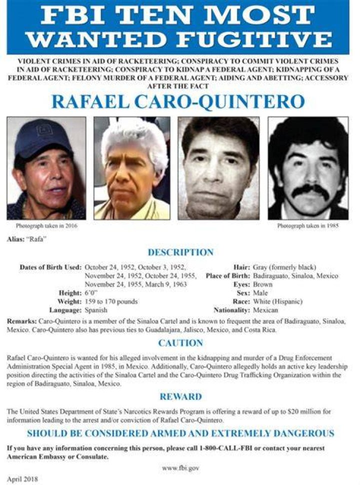 FBI poster shows Rafael Caro Quintero