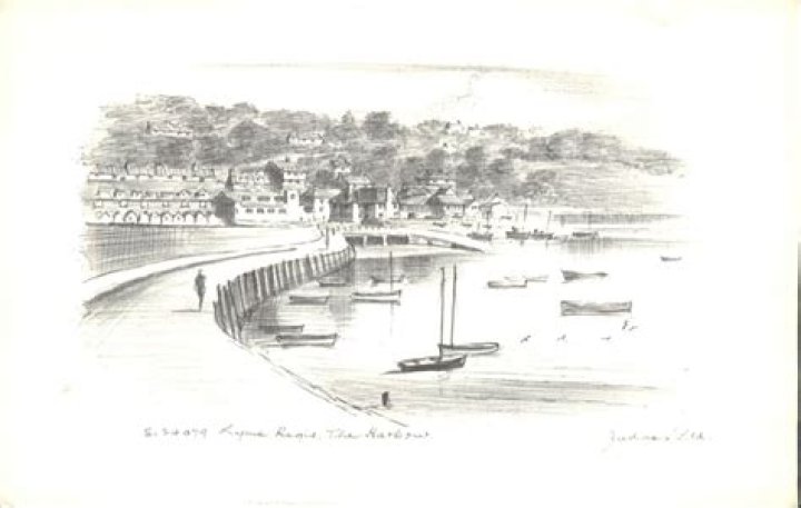 Sketch of Lyme Regis, early 19t century paired with portrait of Jane Austen